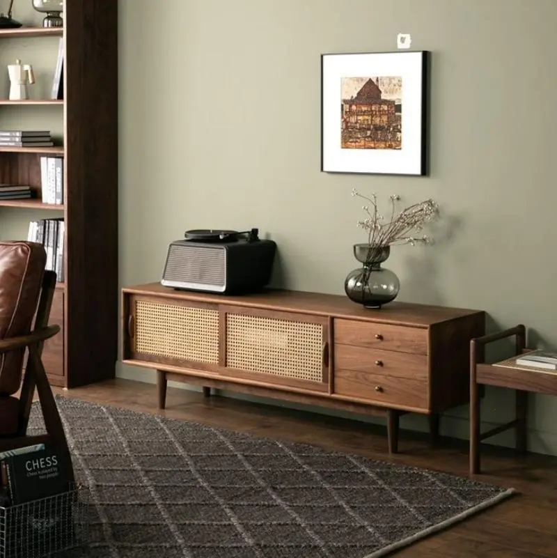 TV Cabinet With Sleek Rattan Sliding And 3 Draws